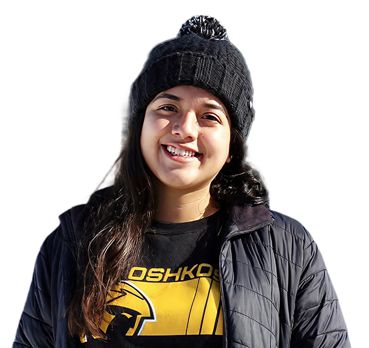 Smiling female UWO student wearing UWO branded attire